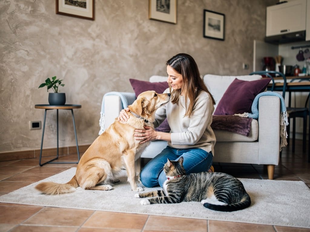 Persona che si prende cura di un cane e di un gatto in una casa