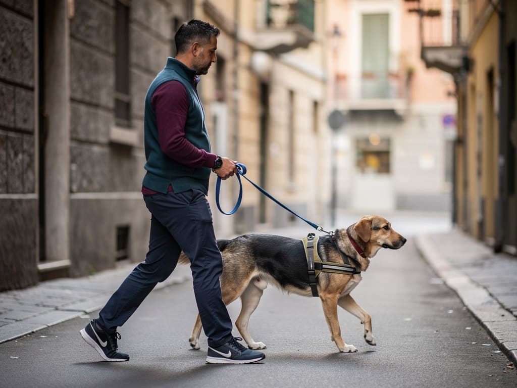 Passeggiata individuale con un cane al guinzaglio in una strada tranquilla di Genova
